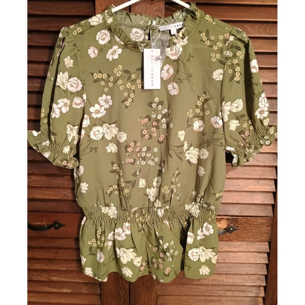 NWT BALTIC BORN Fenna Olive‎ Green Floral Beth Peplum Top Blouse Size Large